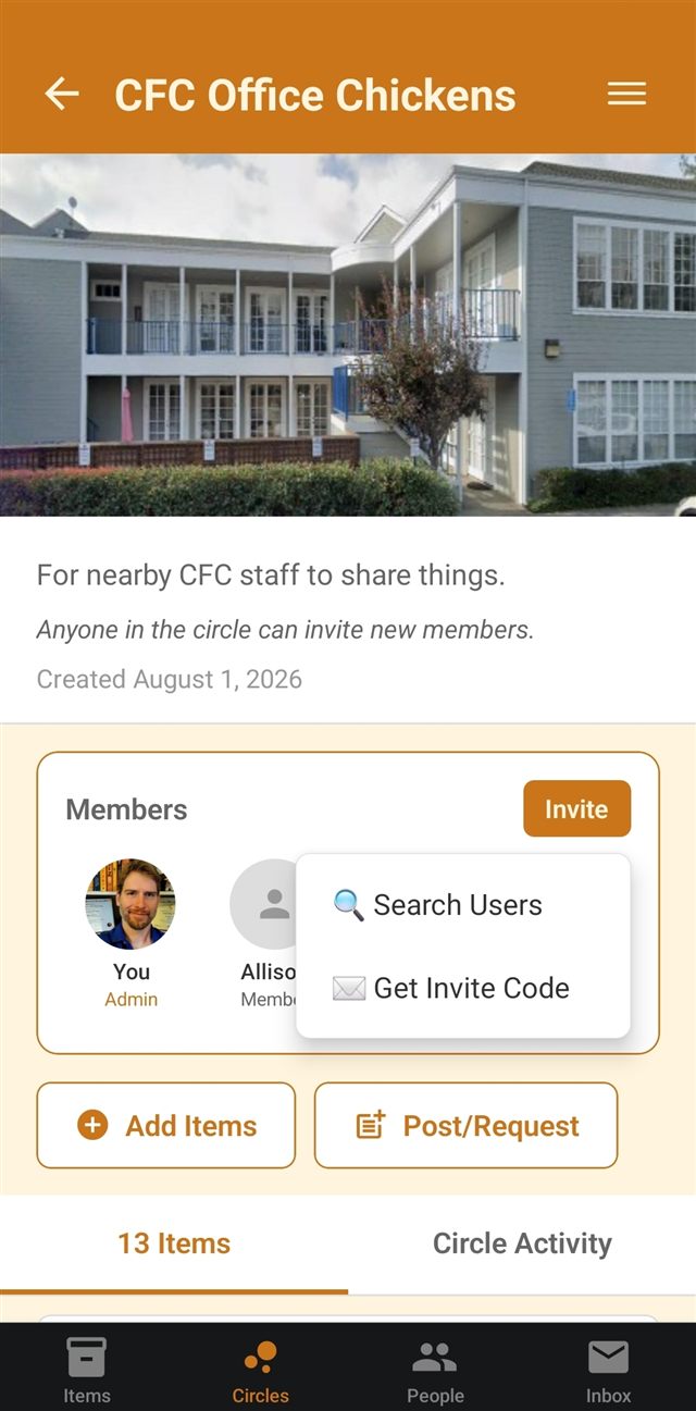 An Invite menu with two options: Search Users and Get Invite Code