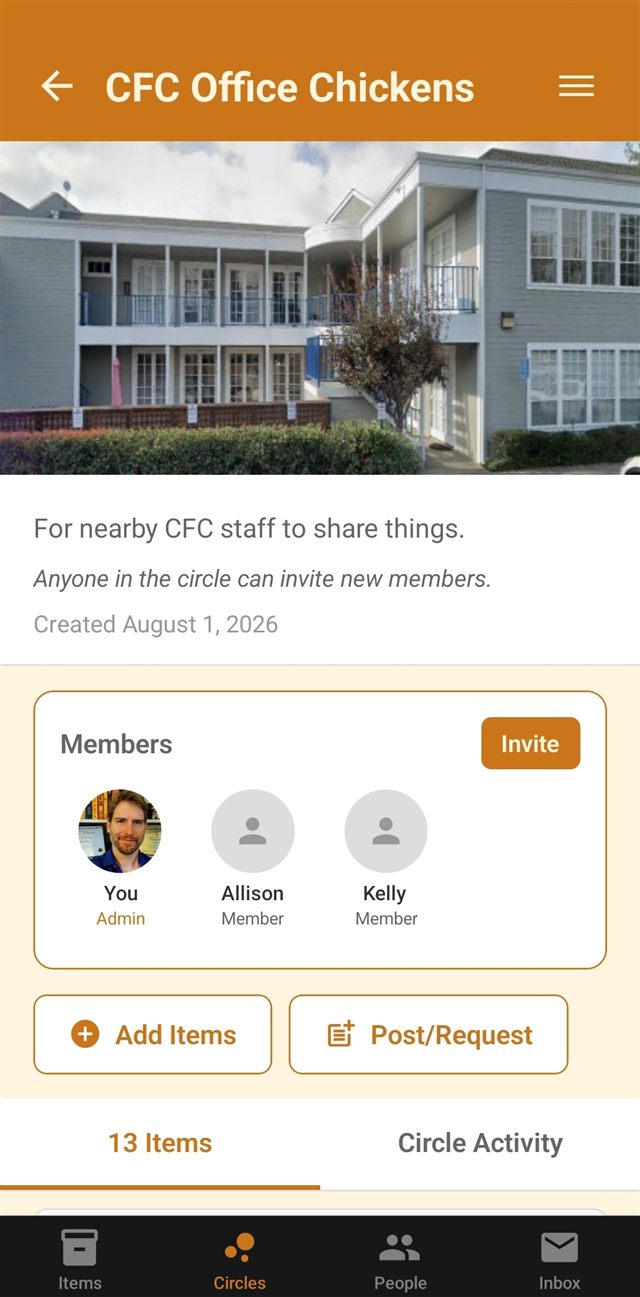 A circle detail page showing its description, member list with an Invite button, and Add Items and Post/Request buttons