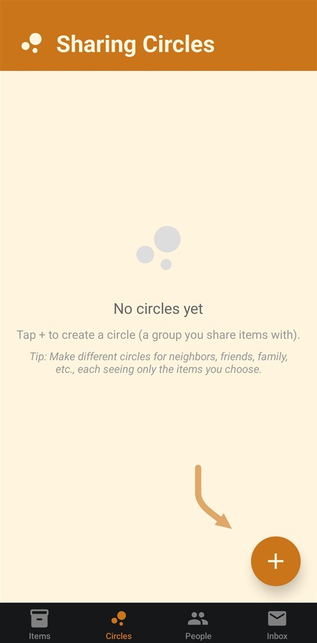 An empty Circles screen with a message prompting you to tap the plus button to create a circle