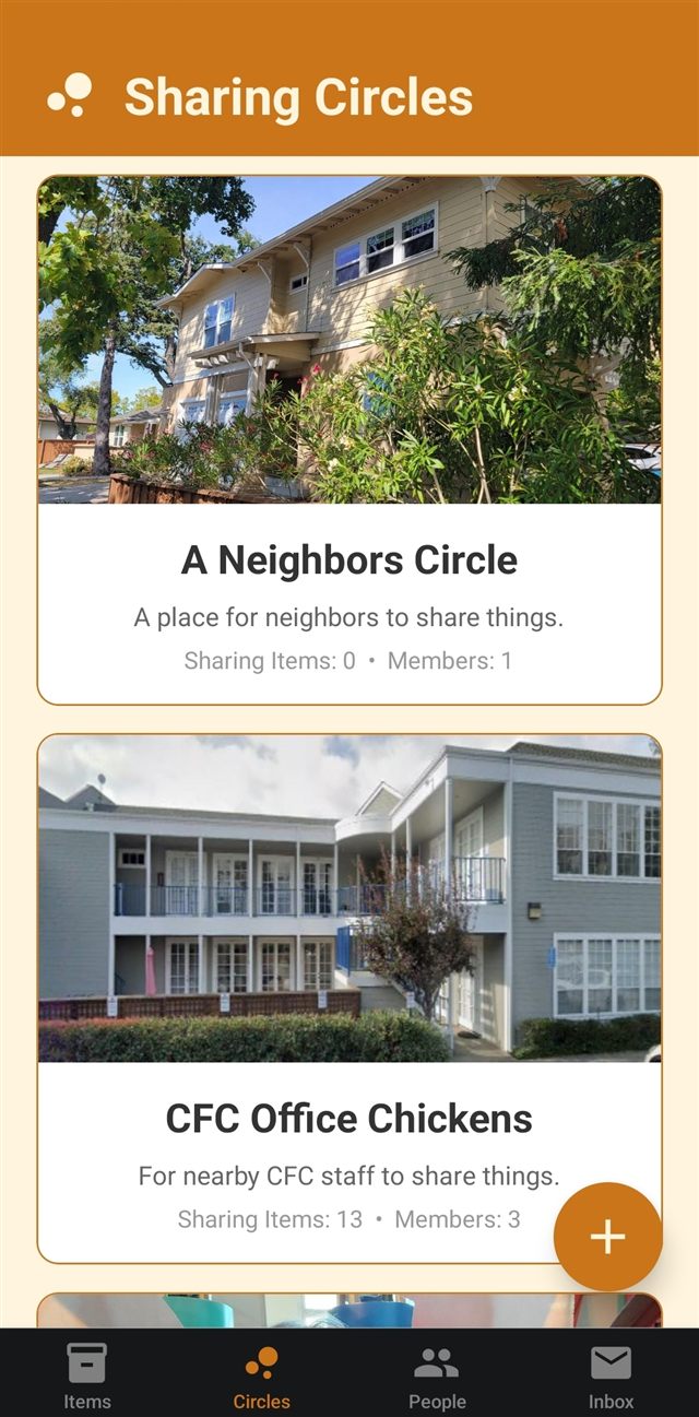 The Circles list showing two sharing circles with photos, descriptions, item counts, and member counts