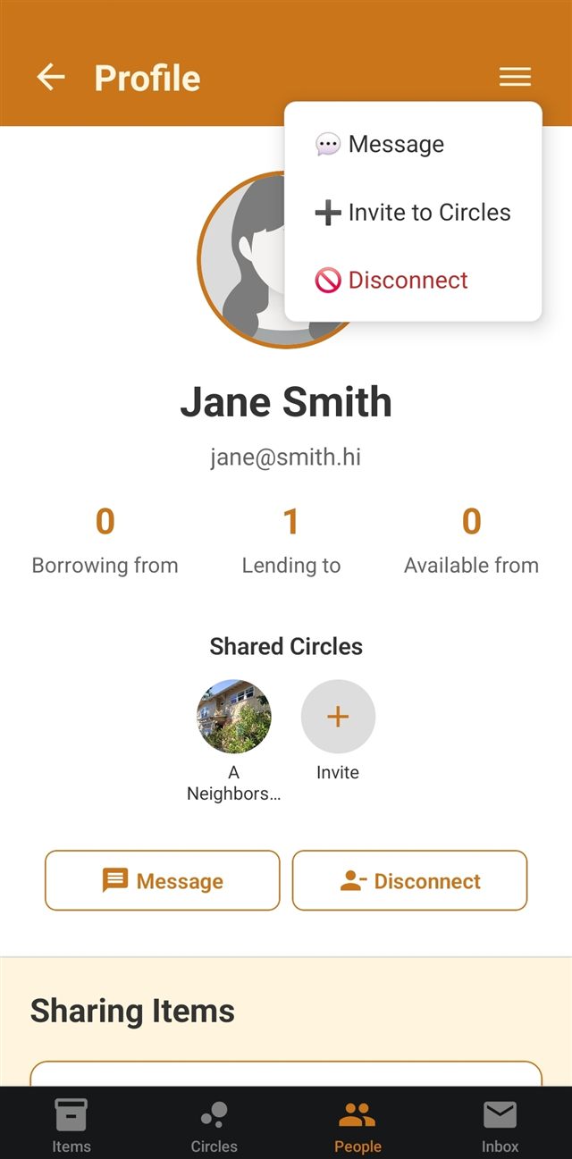 A popup menu on a connection's profile with options for Message, Invite to Circles, and Disconnect