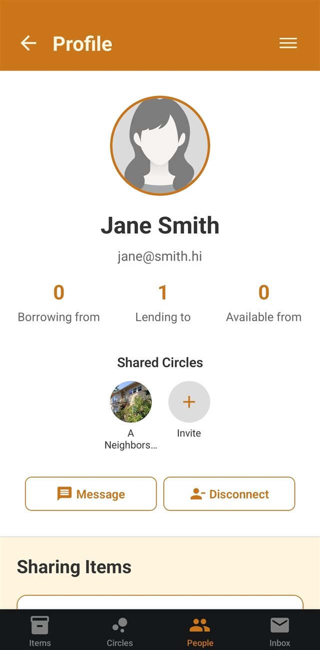 A connection's profile page showing borrowing and lending counts, shared circles, and their sharing items