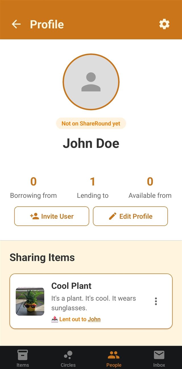 A managed profile for someone not on ShareRound yet, marked with a Not on ShareRound yet badge, showing lending counts and an item lent out to them