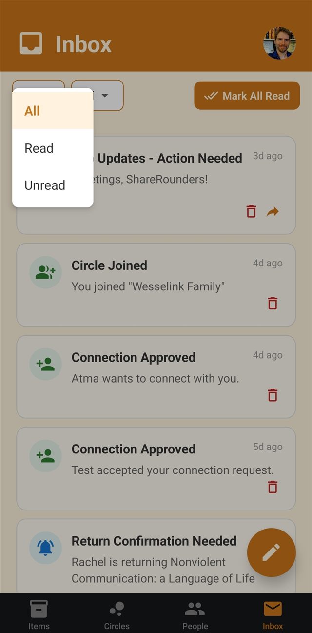 A dropdown filter with three options: All, Read, and Unread