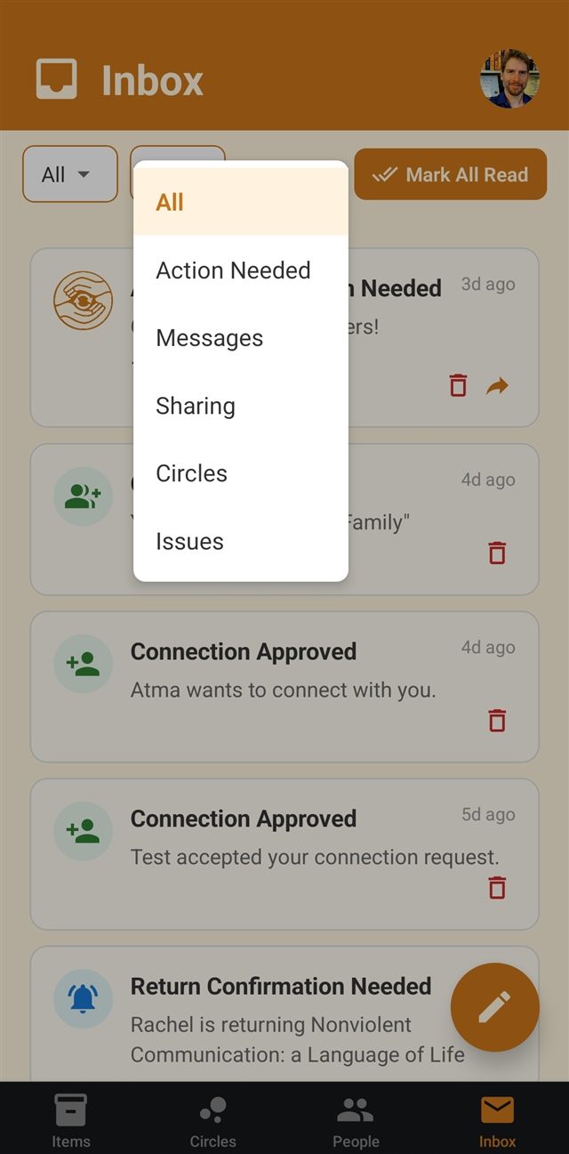 A dropdown filter with inbox categories: All, Action Needed, Messages, Sharing, Circles, and Issues