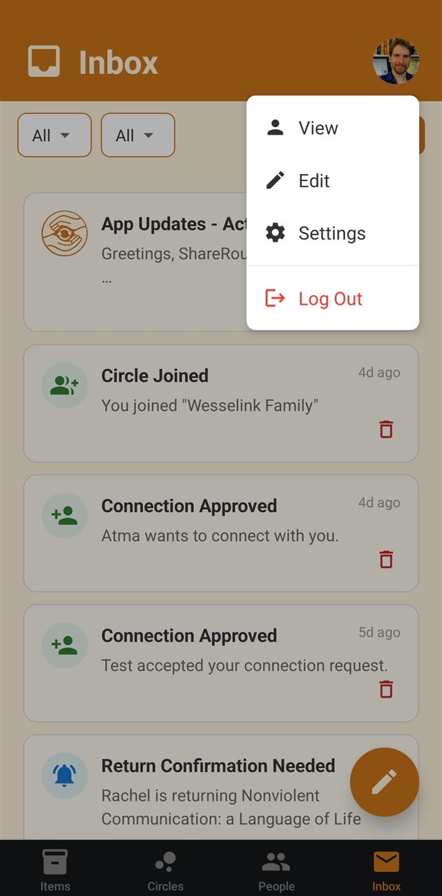 A menu opened from the profile picture with options for View, Edit, Settings, and Log Out