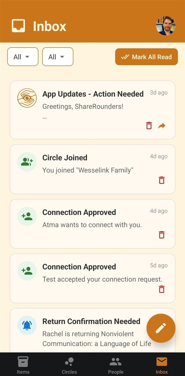 The Inbox screen listing notifications like app updates, circle joins, connection approvals, and a return confirmation needed