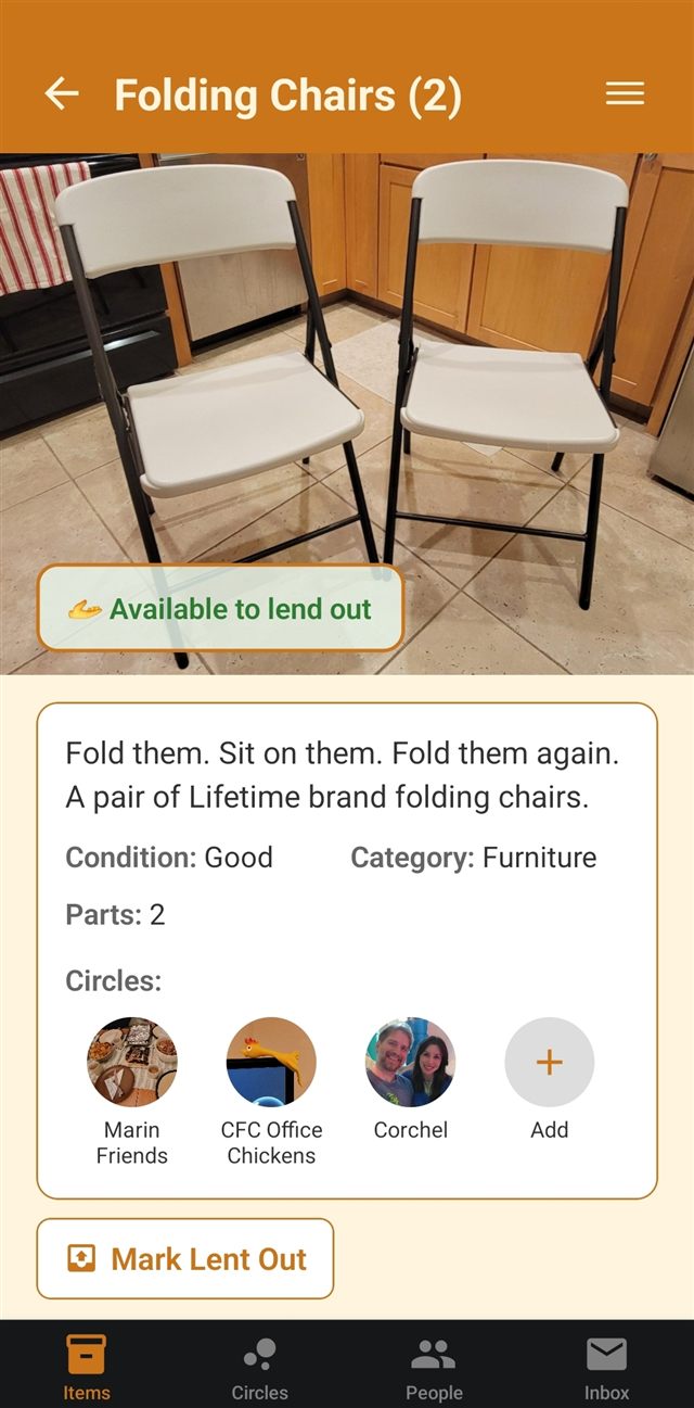 An item detail page for a pair of folding chairs, showing its description, condition, category, and the circles it's shared with