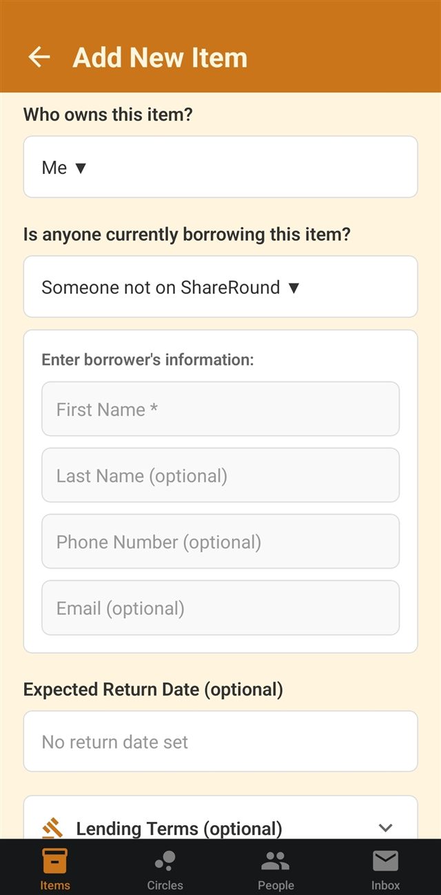 The Add New Item form asking who owns the item and who is borrowing it, with a form to enter a borrower's name and contact info if they're not on ShareRound