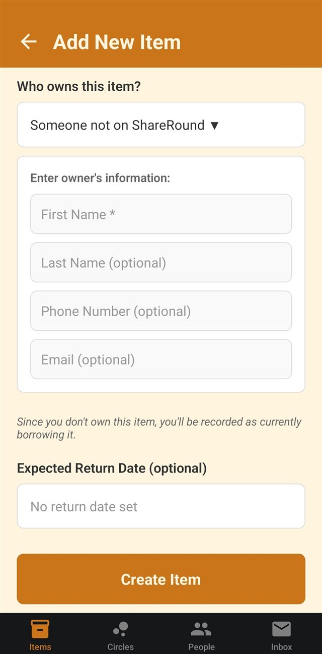 The Add New Item form set to someone not on ShareRound as the owner, for recording an item you're currently borrowing