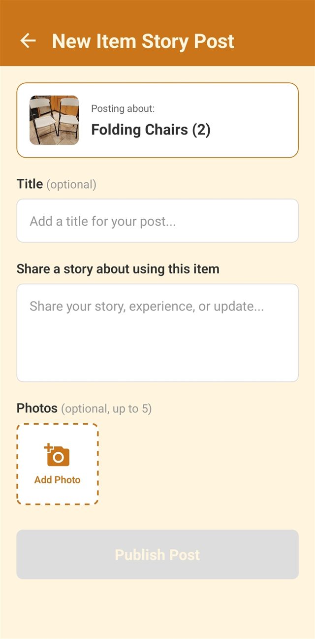 The New Item Story Post form with an optional title, a text box to share a story, and a place to add photos