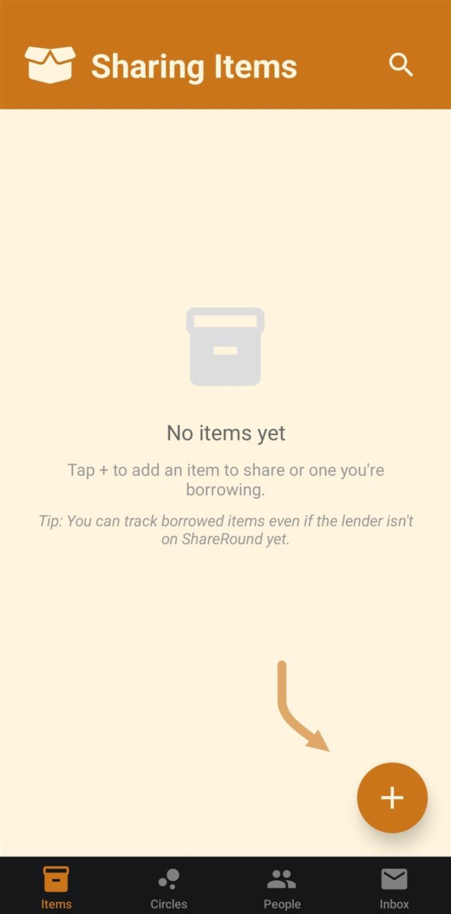 An empty Items screen with a message prompting you to tap the plus button to add an item