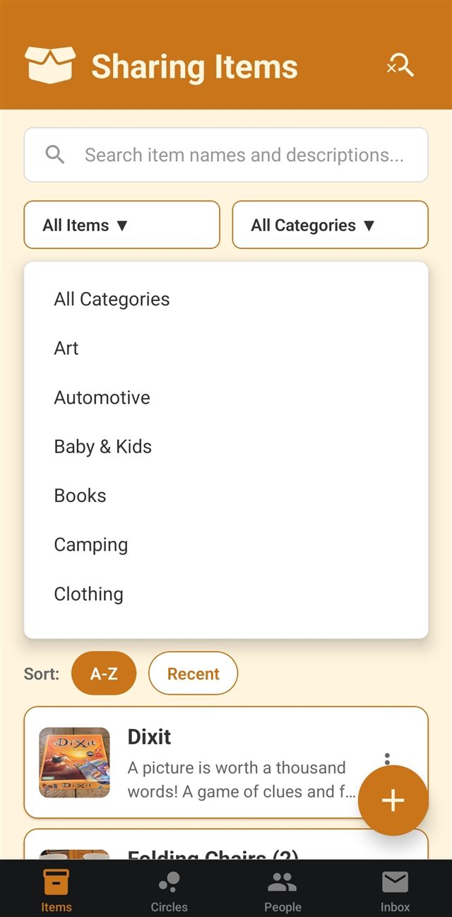 A dropdown list of item categories such as Art, Automotive, Baby and Kids, Books, Camping, and Clothing