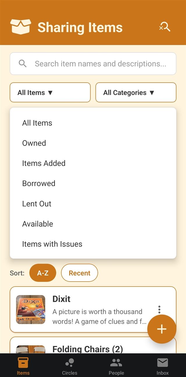 A dropdown list of item statuses: All Items, Owned, Items Added, Borrowed, Lent Out, Available, and Items with Issues
