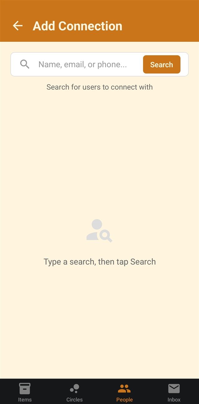 A search screen prompting you to enter a name, email, or phone number to find someone to connect with