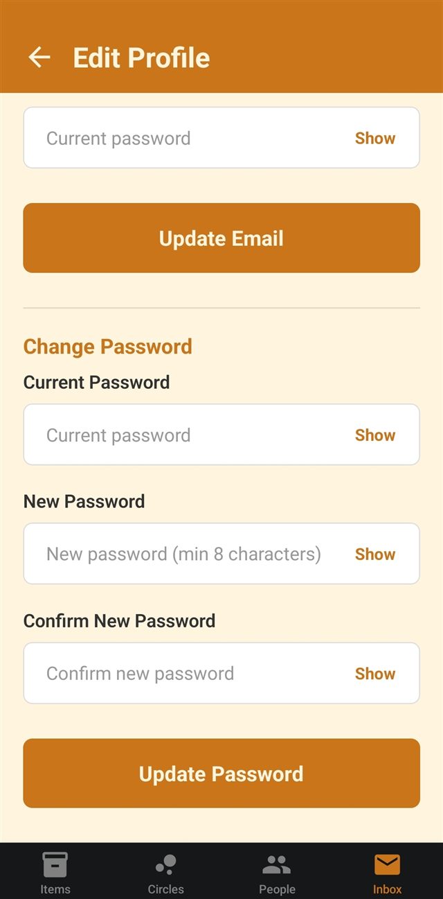 Change Email and Change Password sections, each requiring your current password before saving