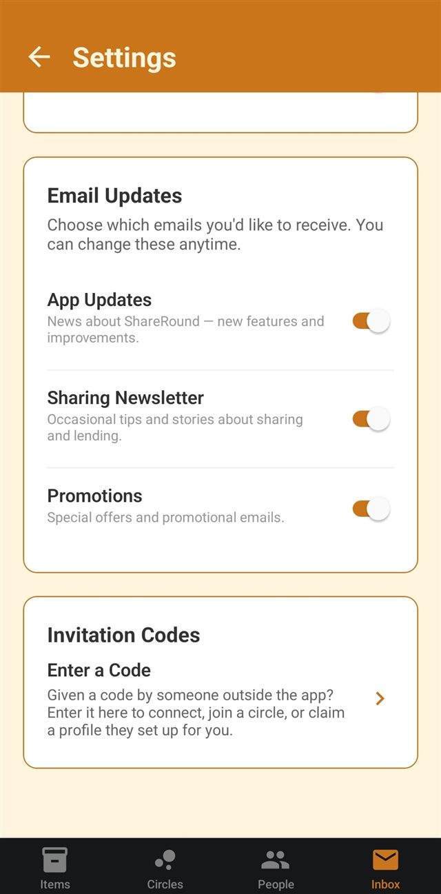 Email update toggles for app updates, a sharing newsletter, and promotions, plus an Enter a Code field