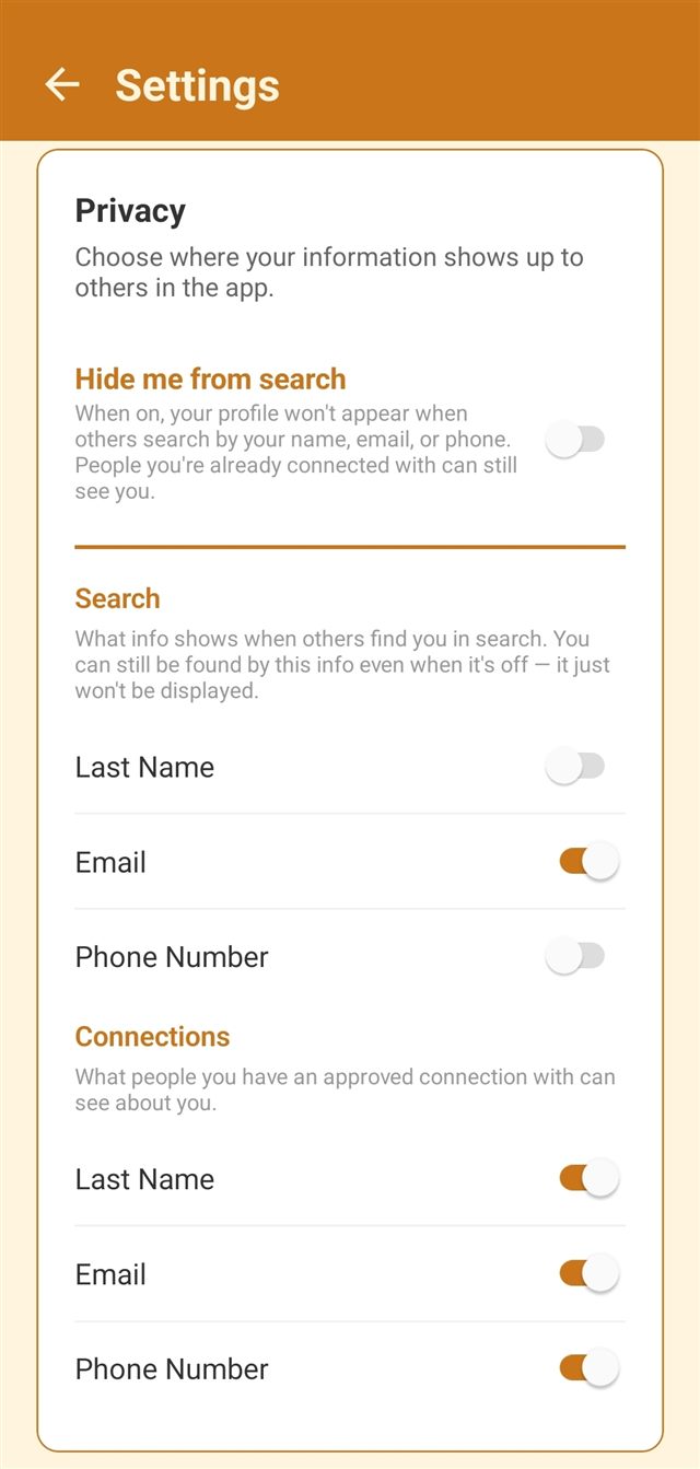 Privacy settings with a Hide me from search toggle and separate Search and Connections toggles for last name, email, and phone number