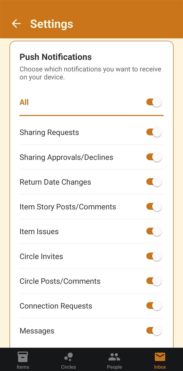 Push notification toggles for sharing requests, approvals, return date changes, item stories, circle invites, and more